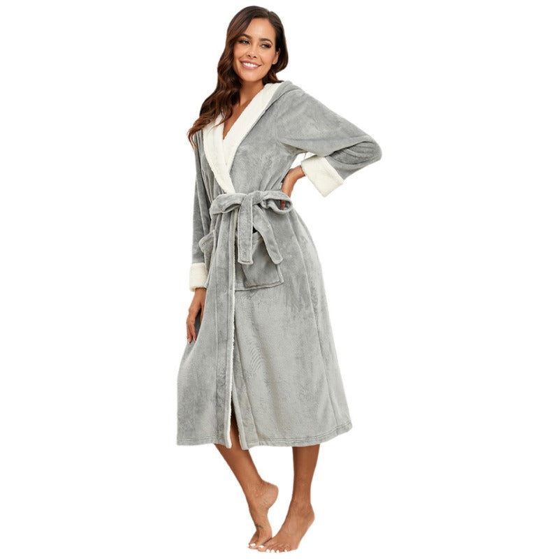 Wholesale Color Women's Lapel Robe Home Clothes Autumn and Winter Warm Bathrobe Extra Long Flannel Couple Pajamas